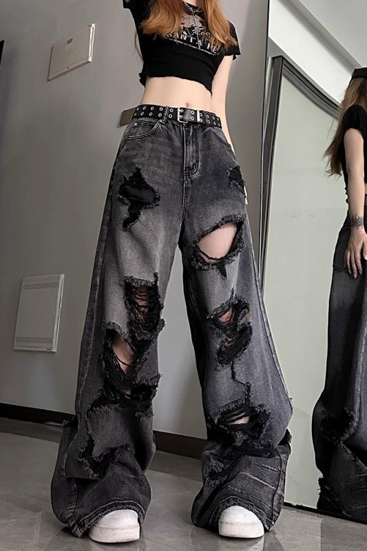デニムパンツ 女性用 ズボン 黒 ブラック クラッシュ ダメージ加工 サブカル ジーンズ レディース 春夏 ワイド パンツ Y2K ギャル 大きめサイズあり ストリート ガール 肌見せ 太パンツ ビリ 破れ