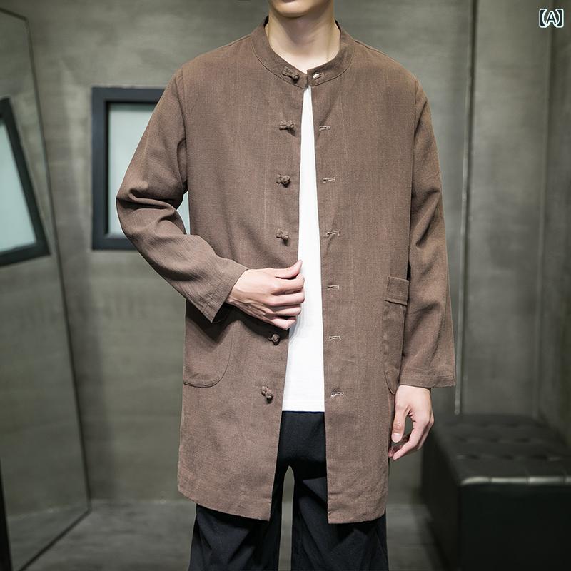 メンズ 春 真っただ中丈 上衣 リネン 漢服 瀬戸もの風 綿織物交ぜあわせる 唐装 カラムシ 流行り物 格好のいい 成人男性 口さかしい 分かりやすい コート・ジャケット-メンズファッション