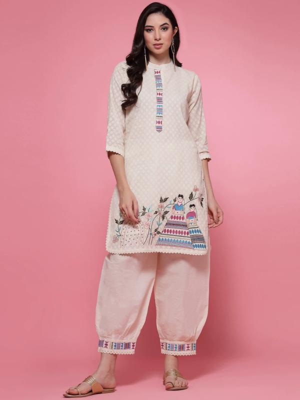 レディース ワンピース エスニックファッション 民族衣装 インド 綿 2点セット 刺繍 パンツ セット ベージュ エキゾチック ゆったりシルエット シフォン｜ラ・グラーヌ