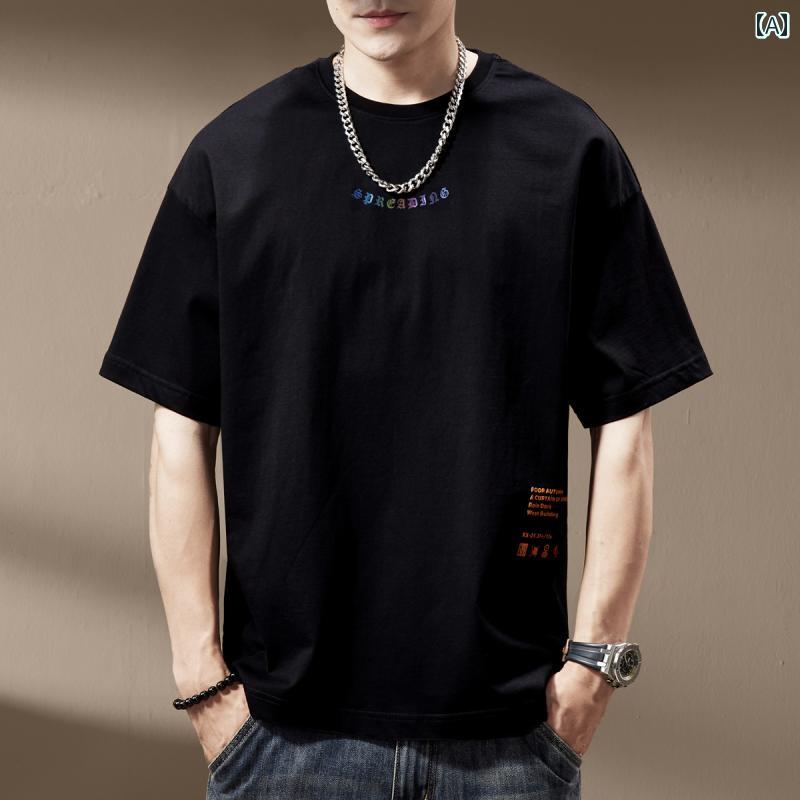 Tシャツ おしゃれ メンズ 半袖 夏 ストリート アメリカン カジュアル 紳士服 男性用 ゆったり トップス レトロ ラウンドネック プリント