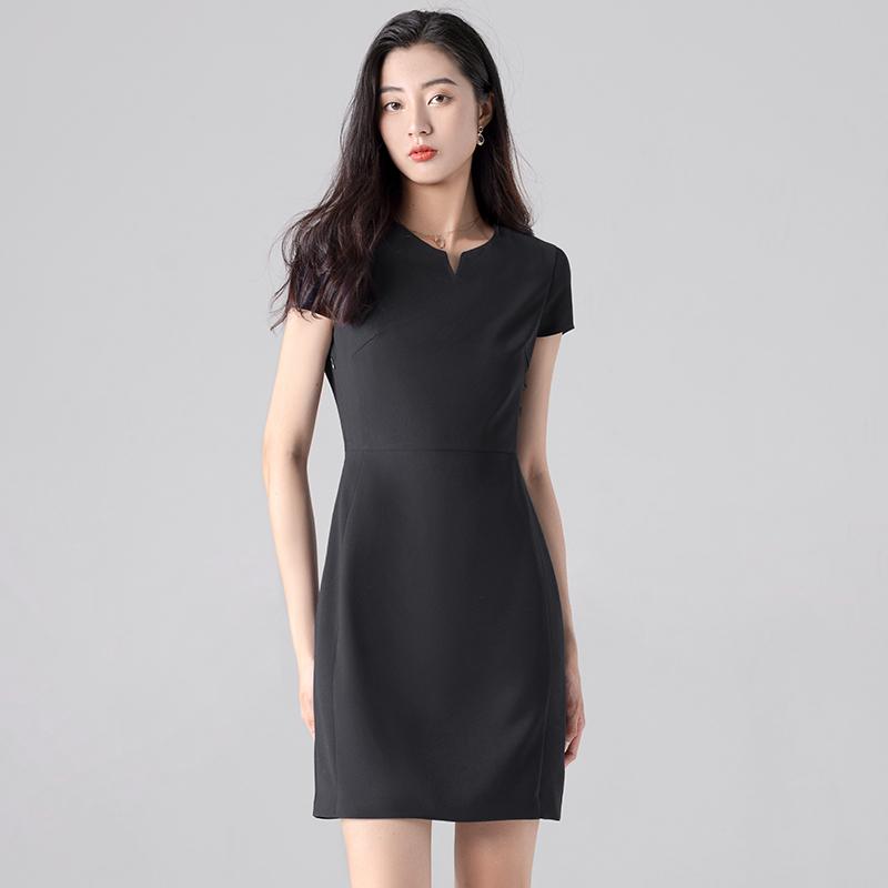 レディース 高級感 ドレス ビジネス 服 フォーマル スーツ OL 通勤 婦人服 宝飾店 作業着 夏 ショート丈 半袖 青 黒 ジャケット ワンピース Vネック シンプル おしゃれ クール