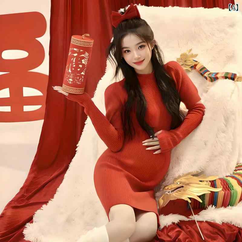 マタニティ フォト 衣装 おしゃれ 記念 写真 スタジオ 赤 ニット ドレス アート 撮影 フォト フリーサイズ レッド セット シンプル かわいい
