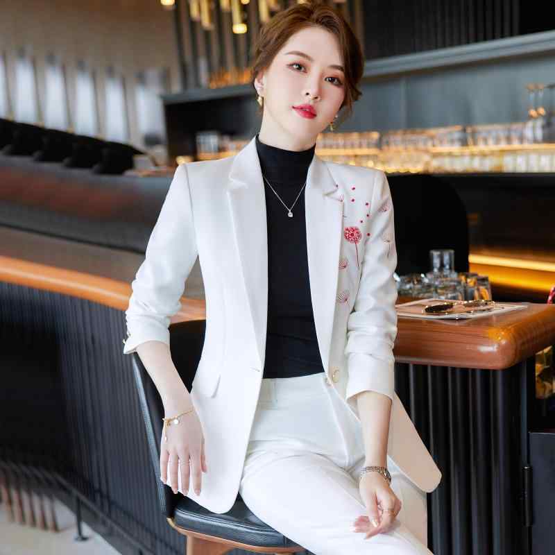 レディース スーツ モダン スタイリッシュ プロ 営業 コンサル マネージャー 広報 婦人服 スーツ ジャケット ブレザー タンポポ刺繍 パンツズボン 秋 スリムフィット