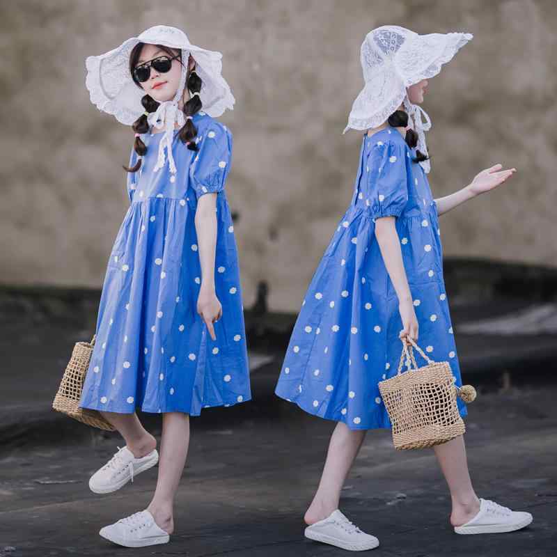 子供服 ワンピース キッズ 女の子 かわいい プリンセス ファッション サマー ドレス 韓国 ブルー ドット 水玉 ミドル丈 スカート スタイリッシュ