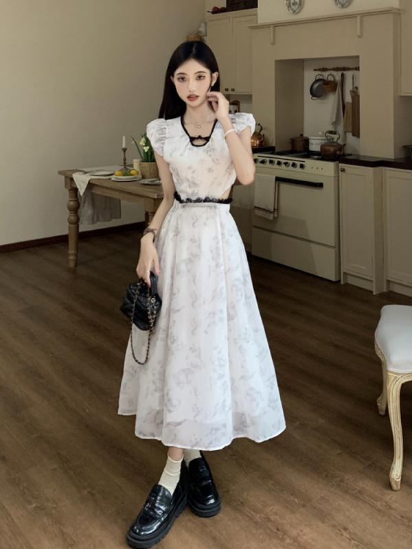 レディース 婦人服 セットアップ フレアスカート 文学的 レトロ 牧歌的 パフスリーブ ブラウス フリル シフォン 夏 チャイナ風