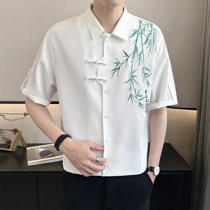 シャツ トップス メンズ おしゃれ スタイリッシュ 紳士 チャイナ風 刺繍 半袖 夏 ボタン スリムフィット カジュアル ポリエステル 男性 大きいサイズ