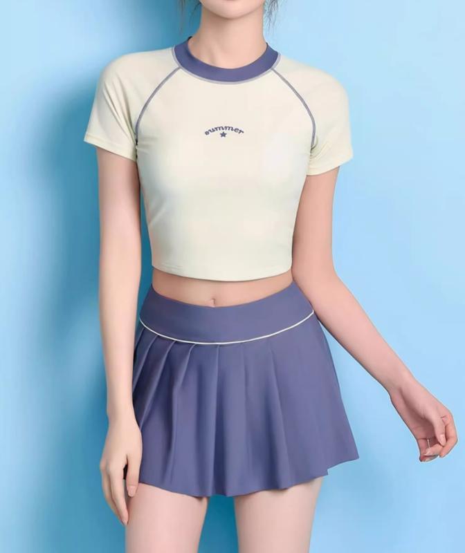水着 レディース 女性 夏 サマー ラウンドネック 半袖 スカート 分割 ナイロン スパンデックス ポリエステル 海 プール ビーチ スイム ウェア