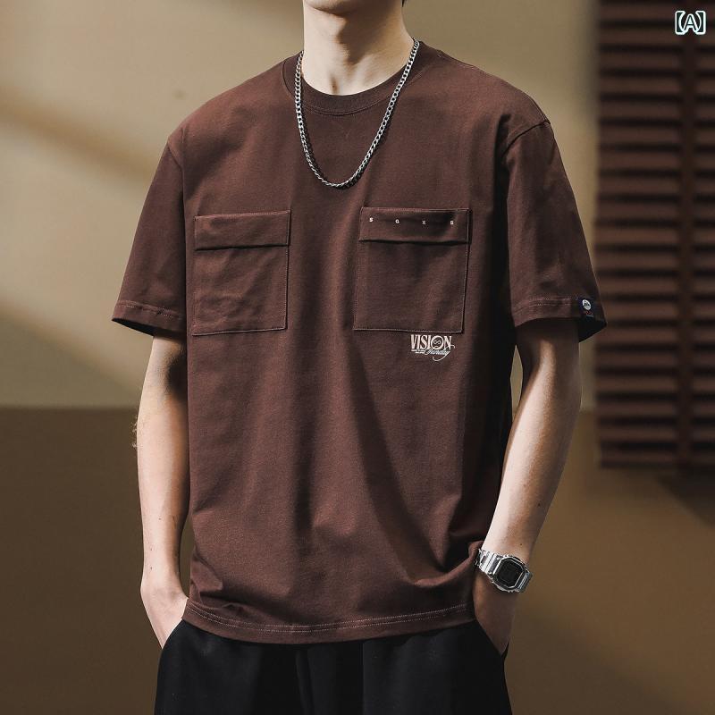 Tシャツ おしゃれ メンズ 半袖 夏 ストリート アメリカン カジュアル 紳士服 男性用 ゆったり トップス レトロ 半袖 春夏 ストリート アメリカン ラウンドネック ポケット