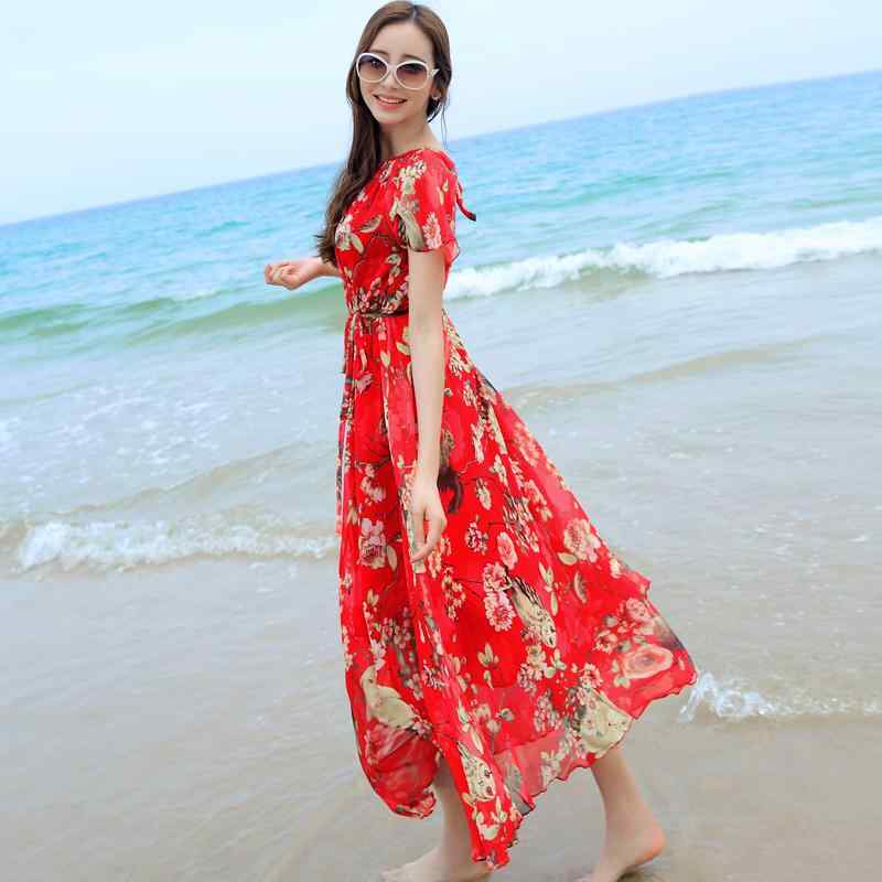 レディース エスニック ファッション おしゃれ 夏着 シフォン 半袖 ドレス 大きめ サイズ スリムフィット ボヘミアン ビーチ ドレス ワイド 裾 ロングドレス スリム｜ラ・グラーヌ