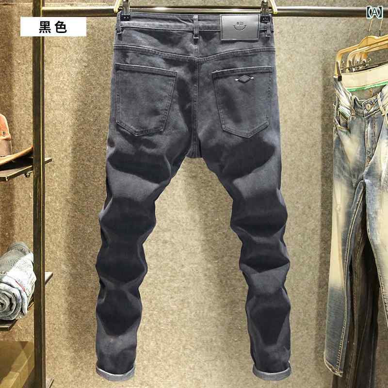 デニムパンツ 黒 オールシーズン ジーンズ メンズ スリム フィット パンツ シンプル カジュアル ストレッチ デニム ダメージ加工 ウォッシュ｜ラ・グラーヌ