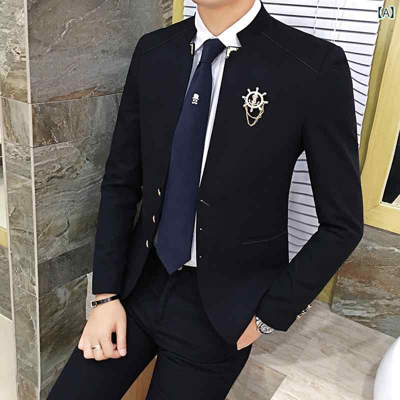 メンズ 男性 ファッション 韓国 スタンドカラー シングルブレスト ビジネス カジュアル スリム フィット ツーピース ハイエンド オールシーズン