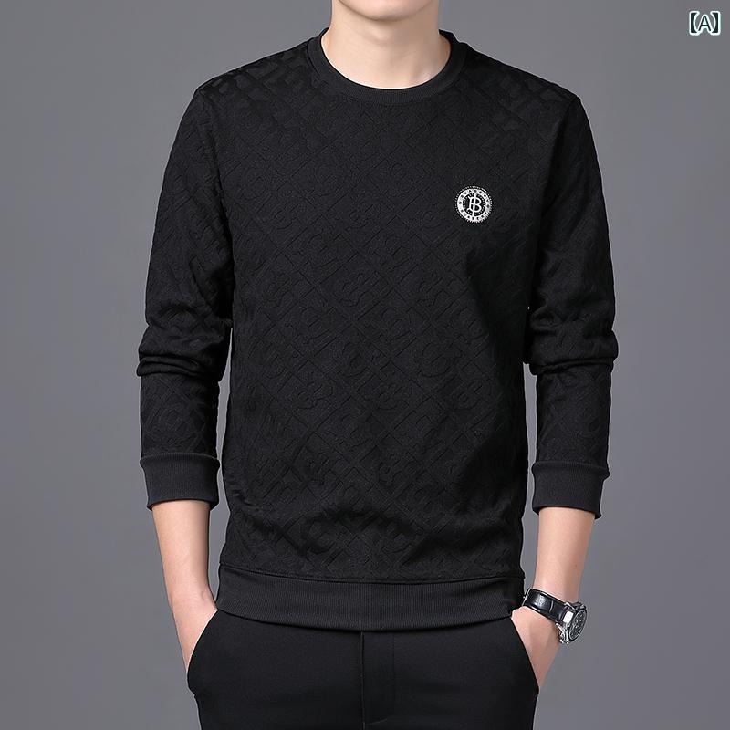 スウェットシャツ 長袖 ラウンドネック メンズ トップス カジュアル 普段使い Tシャツ 綿 春秋 ジャカード レイヤリング シャツ