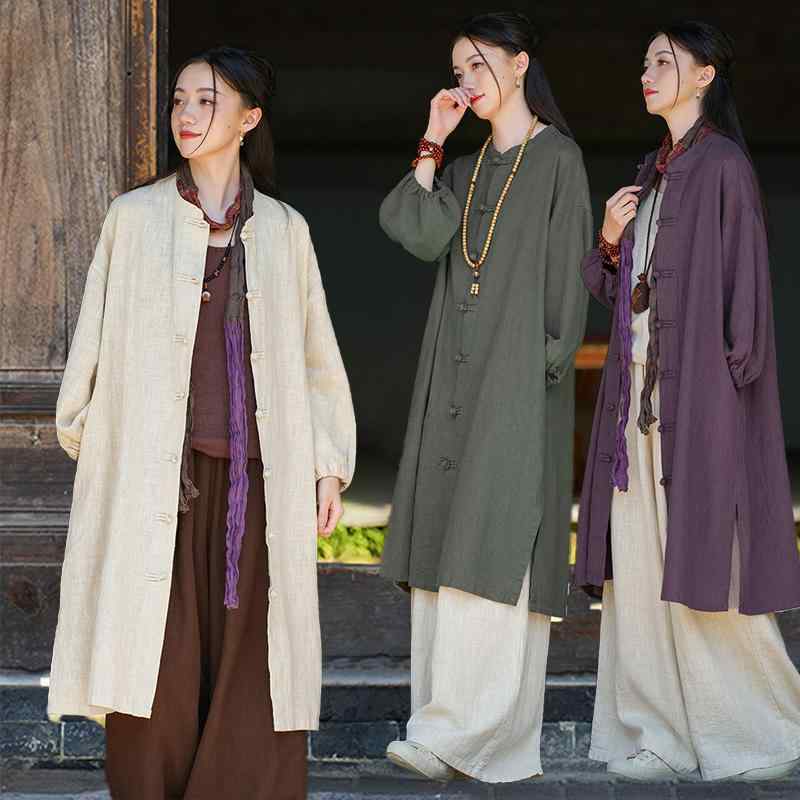 レディース 修道院 信徒 服 秋 リネン ミドル丈 仏教 禅 カジュアル カバー オーバーサイズ ゆったり 楽ちん 綿 リネンカーディガン トップス