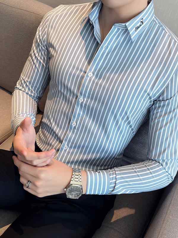 メンズ ノー 鉄 しわ 押しとどめる 縞模様プルオーバー 成人男性用 刺しゅう 長袖 商行為 心地よい フォーマルウェア ハイエンド か細い プルオーバー オール時節 か細い填まる 流行り物 今めかしい