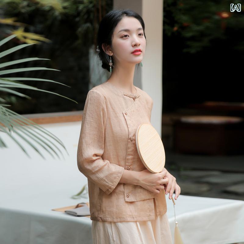 レディース 綿 麻 唐服 瀬戸もの風 成人女性用 禅 麻 茶師服 成人女性用 トップス バックル付き添い人 中国 服 成人女性用 漢服 お茶流行り物 中華表現スタイル