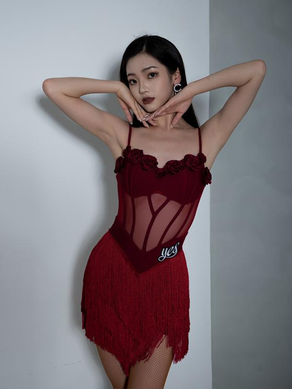 ラテン ダンスウェア レディース ハイエンド 大人 ダンス スカート 練習着 サスペンダー フリンジドレス フラメンコ サンバ ルンバ チャチャ｜ラ・グラーヌ