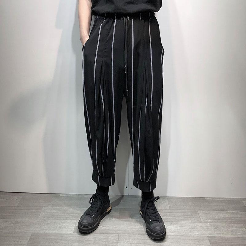 メンズ ファッション ストレート ストライプ イミテーション リネン 通気性 九分丈パンツ 夏 ダーク カジュアル ワイド レッグ パンツ