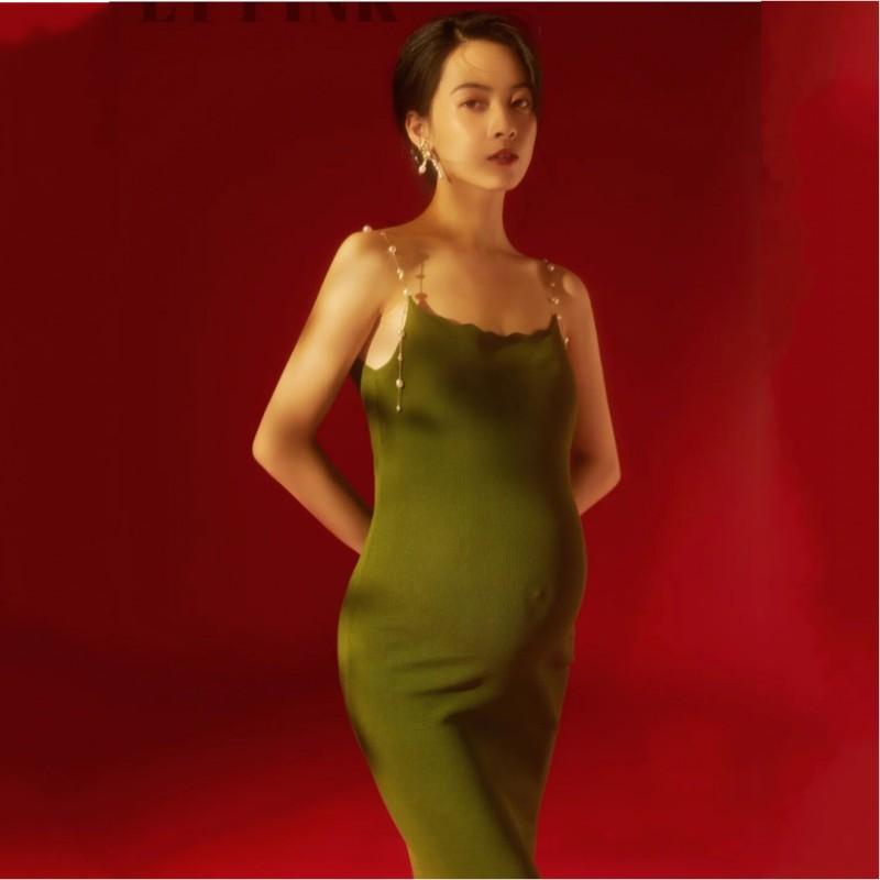 マタニティ おしゃれ ファッション 写真 さわやか ニット キャミソールワンピース スカート グリーン 魅惑的 ママ スタジオ フリーサイズ シンプル