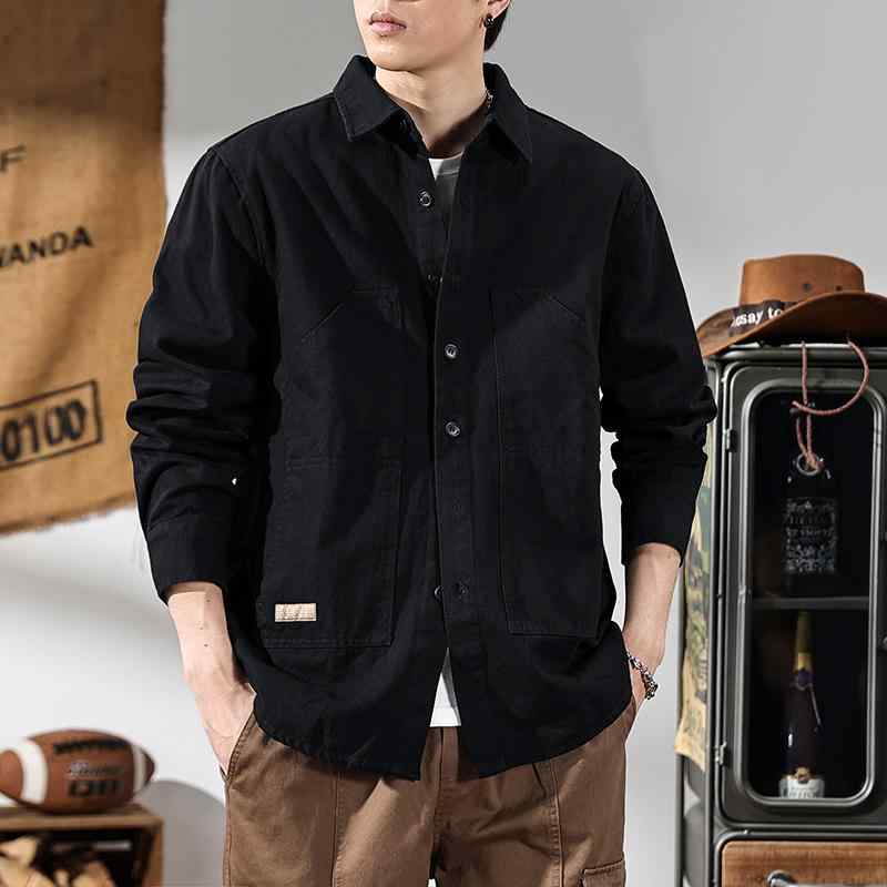 メンズ シャツ アメカジ 長袖 ワークシャツ ジャケット 春 ゆったり コットン ブラック シャツゆったり ファッション