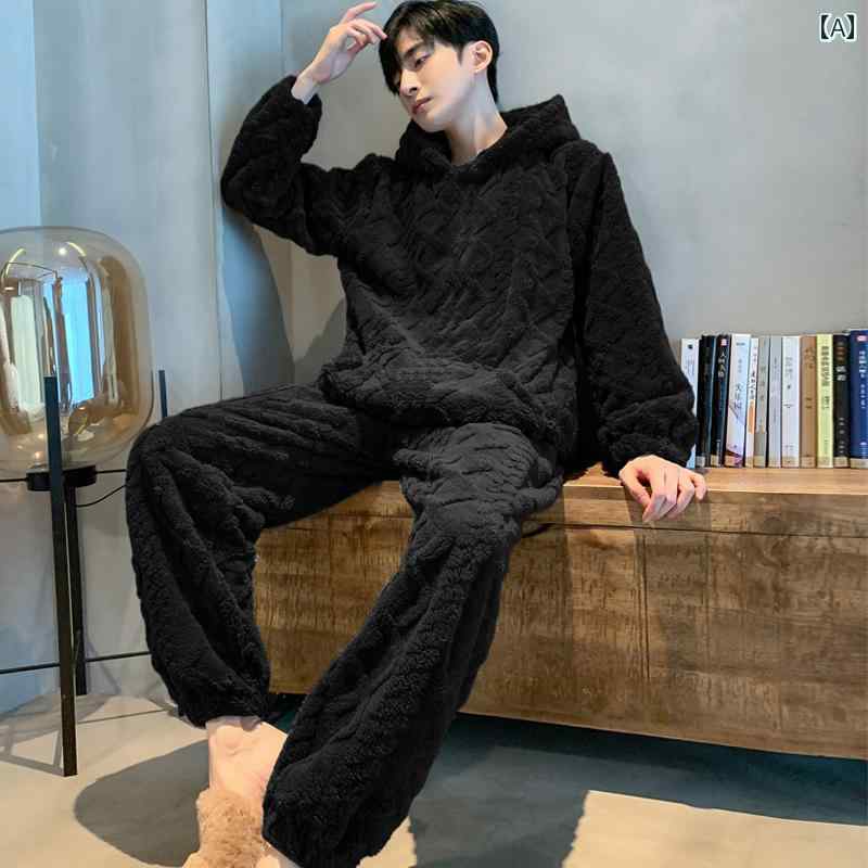 パジャマ メンズ 紳士服 部屋着 ルームウェア ナイトウェア おしゃれ リラックス セットアップ 上下セット 厚手 フード付き 秋冬 ホーム