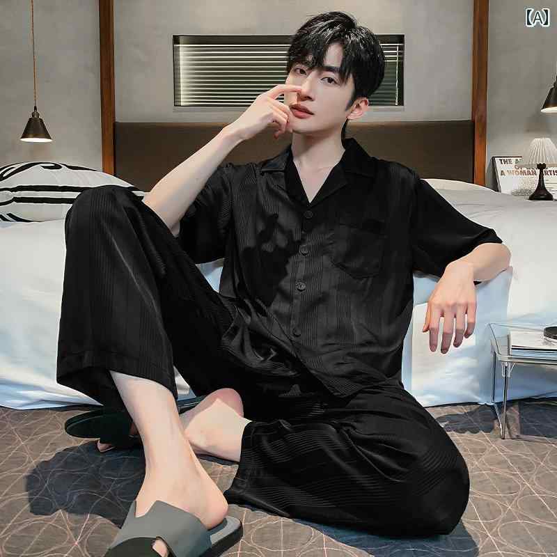 パジャマ 御部屋着 御部屋お召しもの メンズ 成人男性服 ナイト爵お召しもの 格好のいい 伸び伸びする 今めかしい セットアップ 上下書き割り 夏 半袖 ズボン 透け透け 介護ホーム