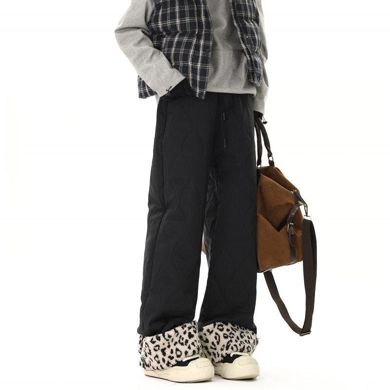 メンズ 秋冬 コットン ワイド レッグ ヒョウ柄 シェルパ スキー パンツ 裏起毛 ロング丈 ポケット カジュアル ゆったりフィット ズボン ボトムス 防寒 伸縮 アウトドア 普段使い