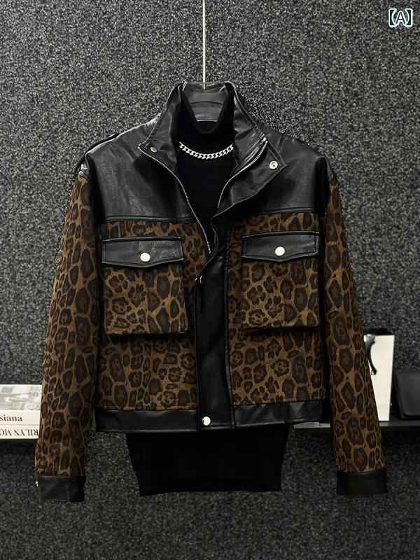 男性用 Y2K 服 上着 秋冬 レトロ ヒョウ柄 レオパード 豹 ジャケット ショート コート ゆったり 黒 レザー 切り替え トップス バイカー オートバイ 革ジャン クール アウター ライダース 6,998円