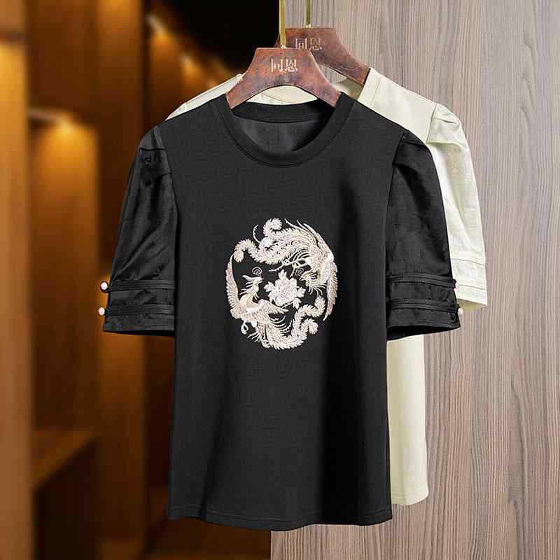 Tシャツ チャイナ風 フェニックス 刺繍 トップス レディース 春夏 半袖 スプライシング ラウンドネック スタイル｜ラ・グラーヌ 7,996円
