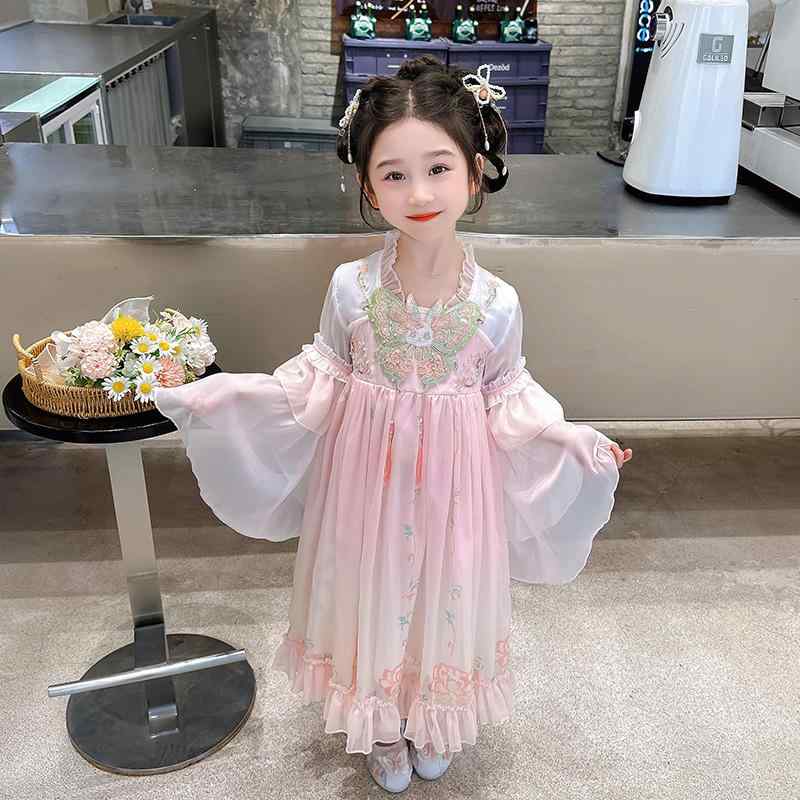 キッズ 子供服 女の子 おしゃれ ファッション 韓服 フェアリー 春夏 レトロ 衣装 プリンセス ドレス 唐装 ピンク ブルー メッシュ スカート