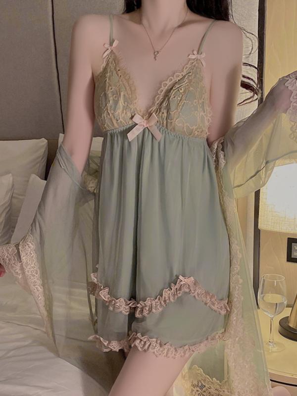 ベビードール ランジェリー パジャマ レディース 春夏秋 キャミソール ナイトガウン セット かわいい お泊り 魅惑的 胸パッド付き レース 冷感