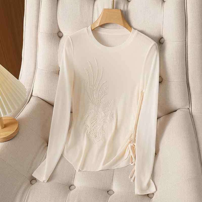 レディース Tシャツ 長袖 フェニックス 刺繍 チャイナ風 スリムフィット ラウンドネック 春秋 鳳凰 牡丹 エキゾチック エスニック カジュアル