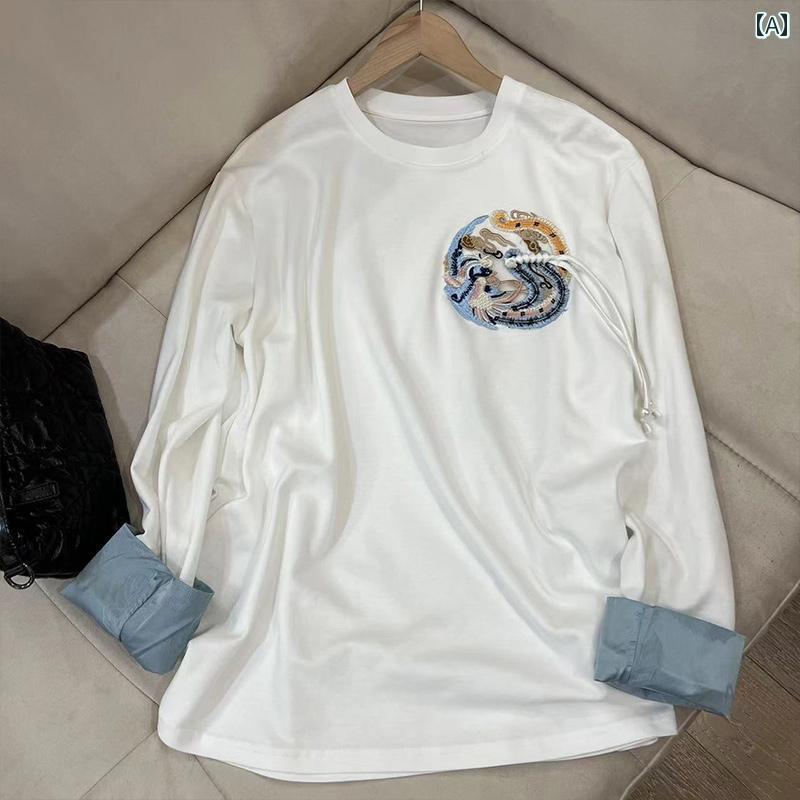 チャイナ風 レディース Tシャツ フェニックス 刺繍 ラウンドネック ジャケット セットアップ 秋 エキゾチック エスニック カジュアル おしゃれ
