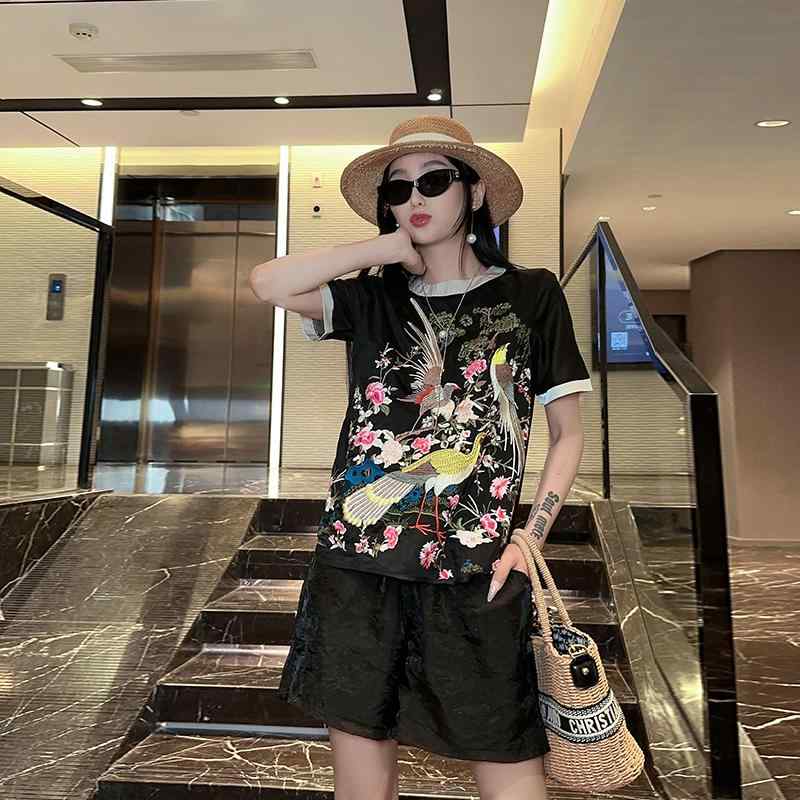 Tシャツ 半袖 チャイナ風 刺繍 ラウンドネック トップス 夏服 レトロ 大きい プラスサイズ カジュアル カットソー