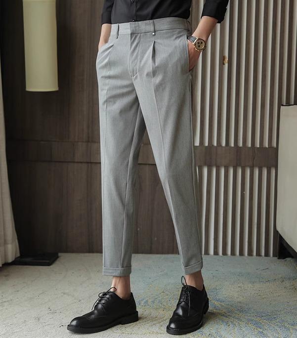 スラックス メンズ 紳士服 ボトムス ズボン パンツ シンプル ミニマル スタイリッシュ ビジネス オフィス カジュアル 九分丈 スリムフィット 薄手 韓国