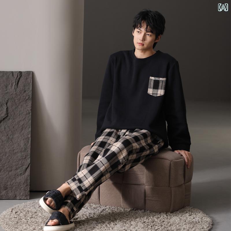 パジャマ メンズ 紳士服 部屋着 ルームウェア ナイトウェア モダン おしゃれ リラックス セットアップ 上下セット 厚手 秋冬 チェック 柄 高級感 ホーム