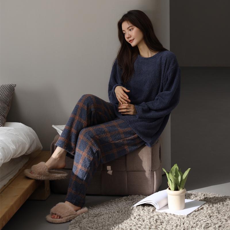 パジャマ レディース 婦人服 女性用 部屋着 ルームウェア かわいい おしゃれ リラックス セットアップ 上下セット 秋冬 厚手 柔らかい チェック 柄 ホーム
