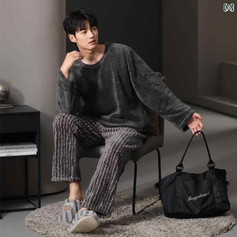 パジャマ 部屋着 ルームウェア メンズ 紳士服 ナイトウェア リラックス カジュアル セットアップ 上下セット 秋冬 厚手 シンプル プルオーバー 暖かい