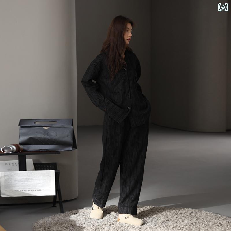 パジャマ 部屋着 レディース 婦人服 女性用 ルームウェア かわいい おしゃれ リラックス セットアップ 上下セット 厚手 秋冬 カジュアル ストライプ 柄