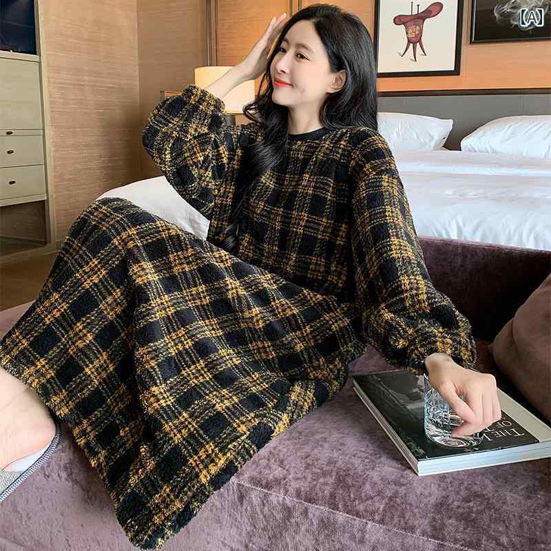 パジャマ 部屋着 レディース 婦人服 女性用 ルームウェア かわいい おしゃれ リラックス ワンピース 厚手 防寒 秋冬 高級感 チェック 柄 カジュアル