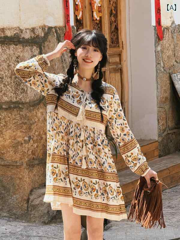 ワンピース 旅行 女性 エスニック ドレス 小柄 リゾート 海辺 休日 ボヘミアン フェミニン トロピカル エレガント Aライン 長袖 レディース