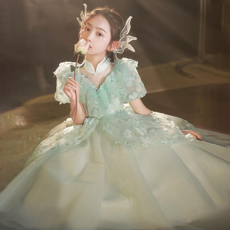 キッズ 女の子 お姫さま ゴージャス ドレス プリンセス セレモニー グリーンドレス バースデー 衣装 記念写真 高級感 プリンセス バイオリン ピアノ 演奏会｜ラ・グラーヌ