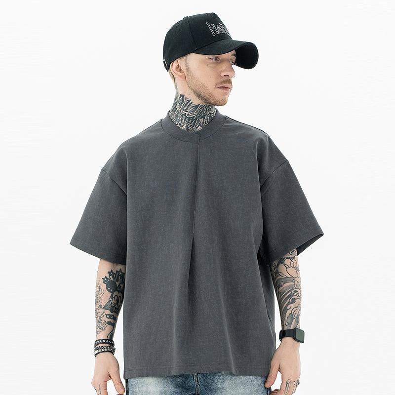 Tシャツ メンズ レディース カジュアル おしゃれ スプライス ネックライン シャツ オーバーサイズ ゆったり 300グラム チャイナ風 オーバー サイズ ショート 無地 変わったの襟 ユニセックス UPF30