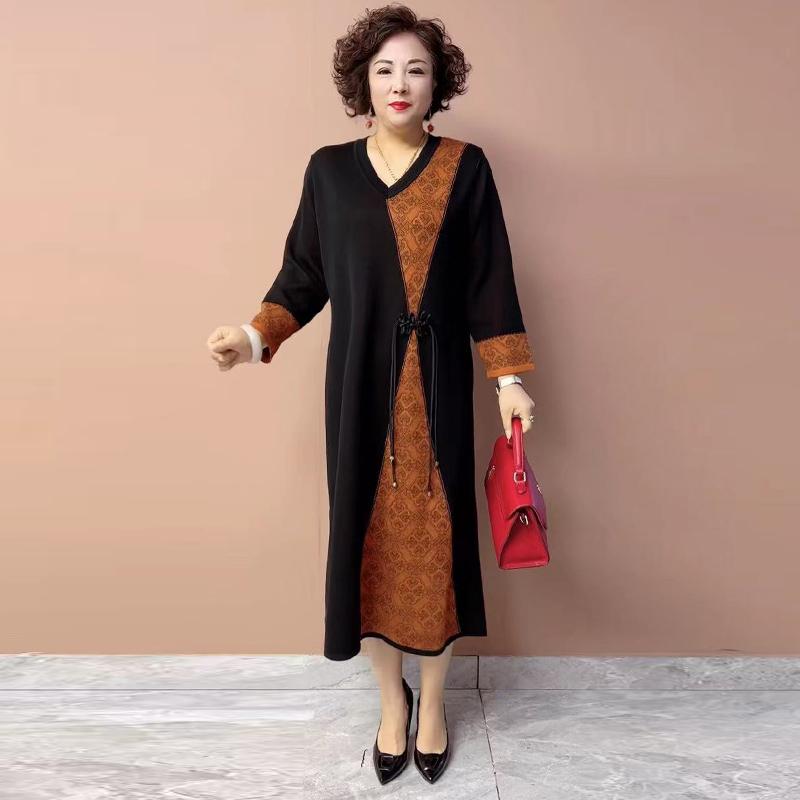 マザー ドレス 上品 レディース 婦人服 春 Vネック ニット スカート ミドル 丈 スリム マザーズ ウェア ハイエンド チャイナ ドレス 八分袖 ファッション