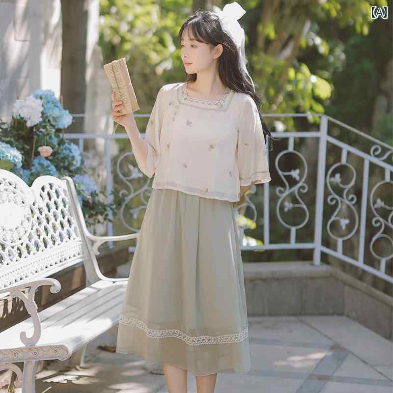 漢服 レディース ファッション 夏 サマー レトロ スクエア ネック ハイウエスト プルオーバー Aライン ミモレ丈 スカート｜ラ・グラーヌ