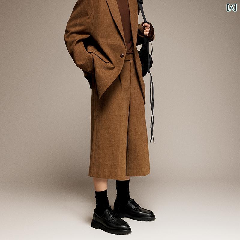 ハーフパンツ 八分丈 ニーハイスーツ スーツパンツ ワイドフィット シングルプリーツ オールシーズン メンズ 通勤 ビジネス オフィス シンプル カジュアル