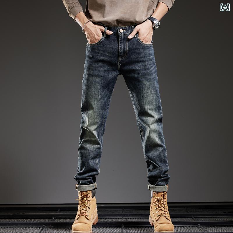 デニムパンツ ハイエンド ウォッシュ加工 レトロ ストレッチ ジーンズ 男性用 秋冬 スリム ストレート 厚手 カジュアル パンツ