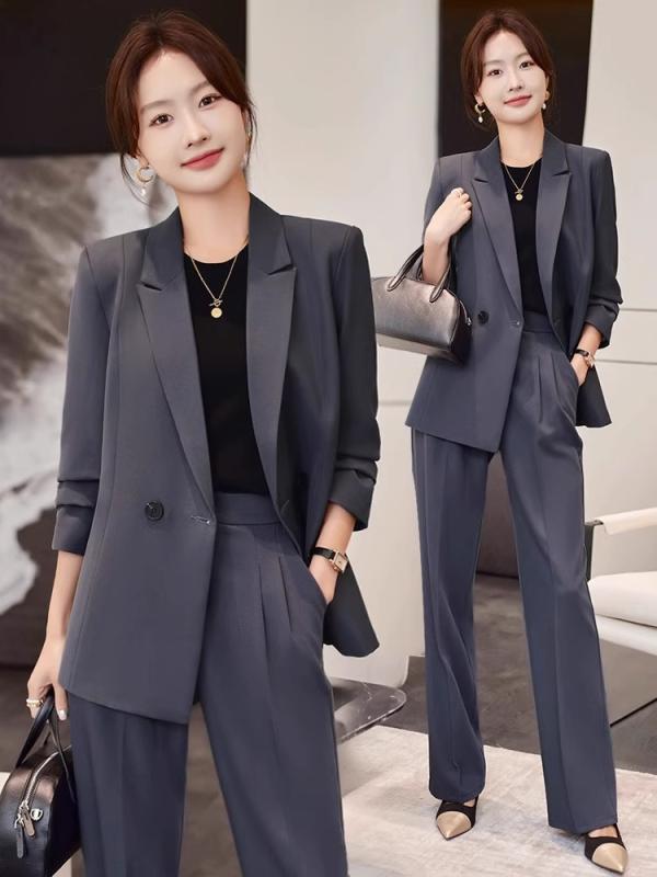 レディース スーツ ビジネス オフィス 通勤 セットアップ ツーピース 秋冬 作業着 制服 ユニフォーム スタイリッシュ ジャケット グレー 高級感
