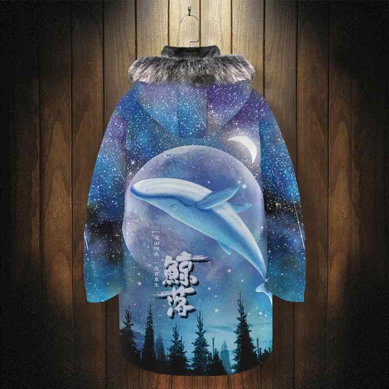 コート クジラプリント ダウン 厚手 ジャケット スタイリッシュ メンズ 冬服 おしゃれ かっこいい 防風 フード付き シック 防寒 コットンコート