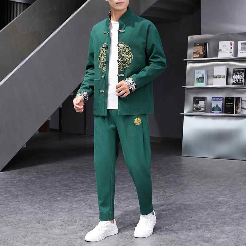 メンズ スーツ チャイナ風 中華スタイル セットアップ 上下セット ２点 ツーピース 唐装 漢服 カジュアル 中華バックルボタン ディスク 無地 緑 白 赤 黒 灰色 中華伝統プリント 中華シンボル