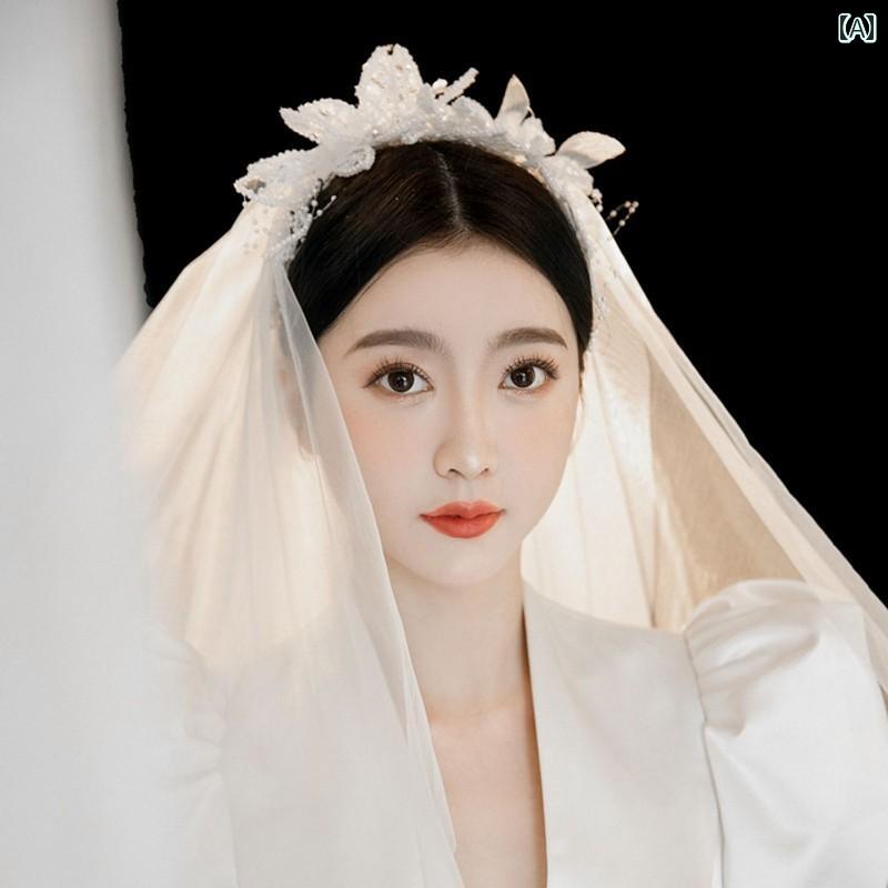 ベール ヘアアクセサリー レースカチューシャ ウェディングドレス レーズ ビーズ 羽根 フラワー 純白 ウェディングフォト 記念写真 花嫁 エレガント